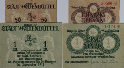 Banknoten, Deutschland / Germany, Lots und Sammlungen. Wolfenbüttel (Bsw) Stadt. 50 Pfennig 11.1918 Grabowski W57.1., 1 Mark 11.1918 Geiger 566.01. Lo...
