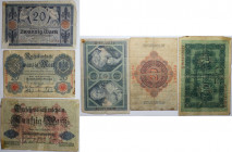 Banknoten, Deutschland / Germany, Lots und Sammlungen. 2 x 20 Mark, 50 Mark 1914-1915. Pick 46, 49, 63. Lot von 3 Banknoten. IV