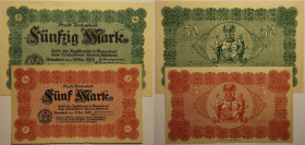 Banknoten, Deutschland / Germany, Lots und Sammlungen. Notgeld, Remscheid. 5 Mark, 50 Mark 1918. Lot von 2 Banknoten. II