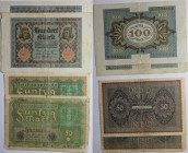 Banknoten, Deutschland / Germany, Lots und Sammlungen. Reichsbanknote. 2 x 50 Mark, 2 x 100 Mark 1919-1920. Pick 66, 69. Lot von 4 Banknoten. III-IV