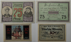 Banknoten, Deutschland / Germany, Lots und Sammlungen. Notgeld Pyritz in Pommern. 50, 75 Pfennig 1921. SS 10821a, 10832. Lot von 2 Banknoten. I-II