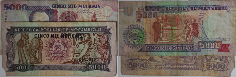 Banknoten, Mosambik / Mozambique, Lots und Sammlungen. 5000 Meticais 1989 - 1991...