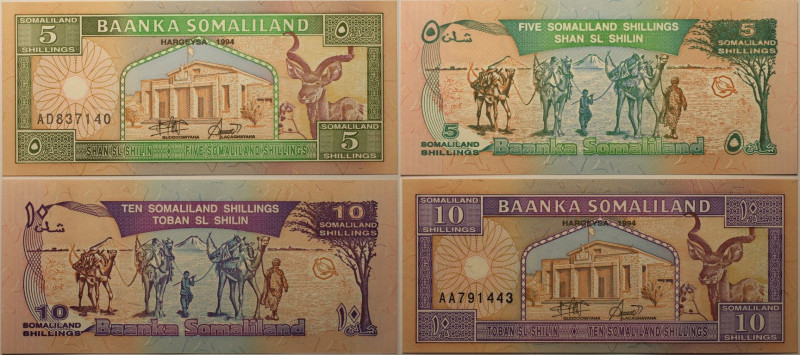 Banknoten, Somalia / Somaliland. 5 Shillings 1994, P.001a, 10 Shillings 1994, P....