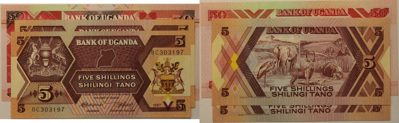 Banknoten, Uganda. 2 x 5 Shillings 1987 Pick 27, 50 Shillings 1994 Pick 30c. 3 S...