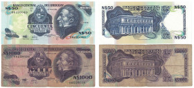 Banknoten, Uruguay, Lots und Sammlungen. 50 Nuevos Pesos 1989 P.61A (I), 1 000 Nuevos Pesos 1992 P.64Ab (III). Lot von 2 Banknoten
