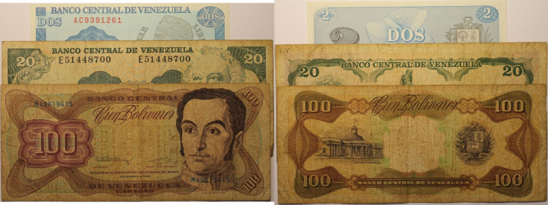 Banknoten, Venezuela. 2 Bolivares 1989, P.069, 20 Bolivares 1995, P.063, 100 Bol...