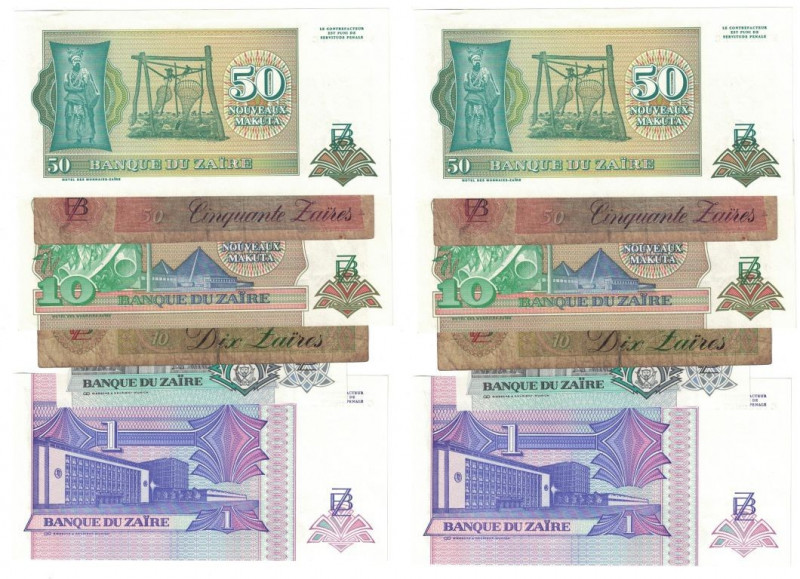 Banknoten, Zaire, Lots und Sammlungen. 10 Zaires 1982 P.27 (III), 50 Zaires 1982...