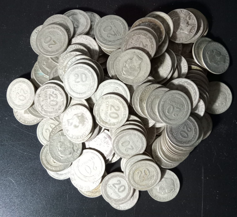 Colombia 150+ Pieces 20 Centavos 1945-1951 .500 Fine Silver. Total weight: 780 g...