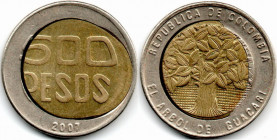 Colombia 500 Pesos 2007 MINT ERROR, Uncentered Center. Very Rare