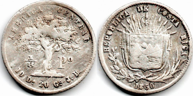 Costa Rica 1/8 Peso 1850 JB Very Rare, KM 102, an astounding piece, often seen h...