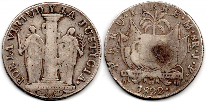 Peru 8 Reales 1822 Lima J.P Very Rare, 2 Year Type KM.130 F/VF