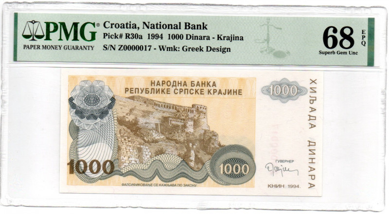 Croatia 1000 Dinara 1994 P#R30r Replacement Star Note #Z000017! 68 EPQ Finest Kn...