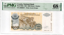 Croatia 1000 Dinara 1994 P#R30r Replacement Star Note #Z000017! 68 EPQ Finest Known!