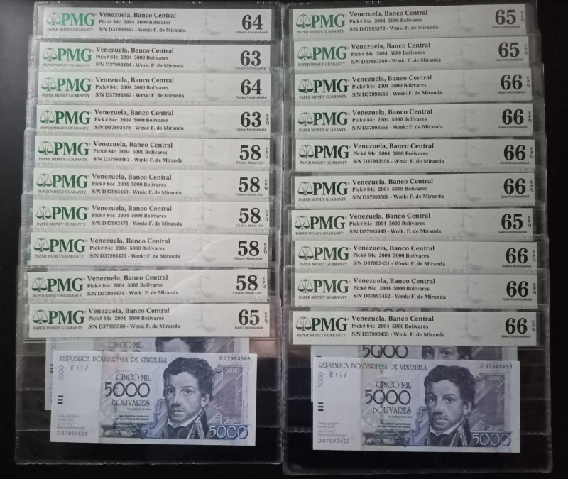 Venezuela 20 Pieces. 5000 Bolivares 2004 P#84c All PMG Graded. 58 EPQ (5), 63 (1...