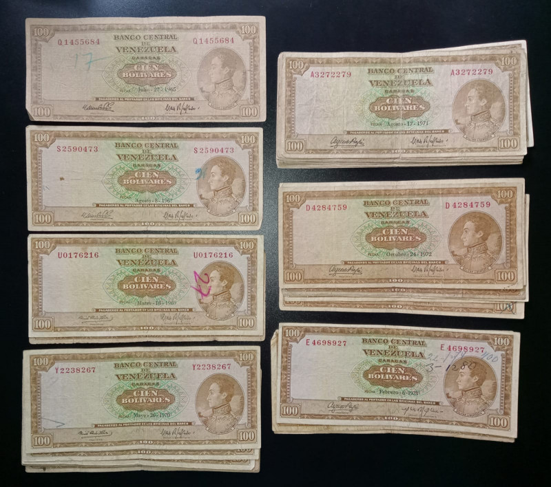 Venezuela 35 Pieces. 100 Bolivares 1965-1973 Rare Type VG-VF. 1965 (1), 1967 (1)...