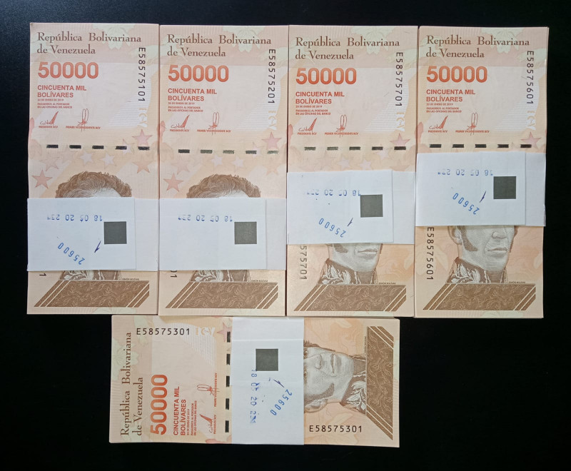 Venezuela 495 Pieces (5 Packs of 99) 50.000 BsS 2019 Consecutive UNC, Each Pack ...