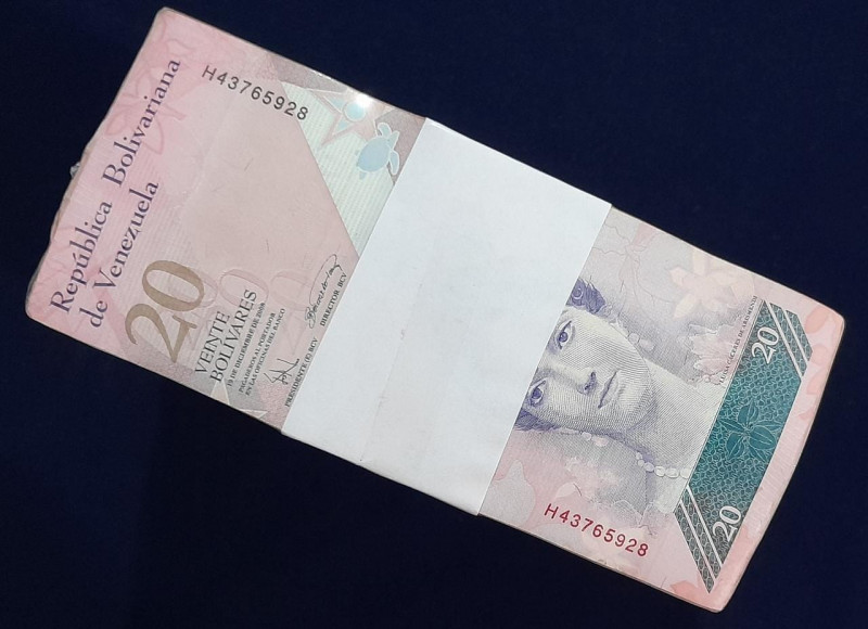 Venezuela 1 BRICK (1000 Notes) 2007-2015 20 Bolivares BsF Circulated VF-AU, Mixe...