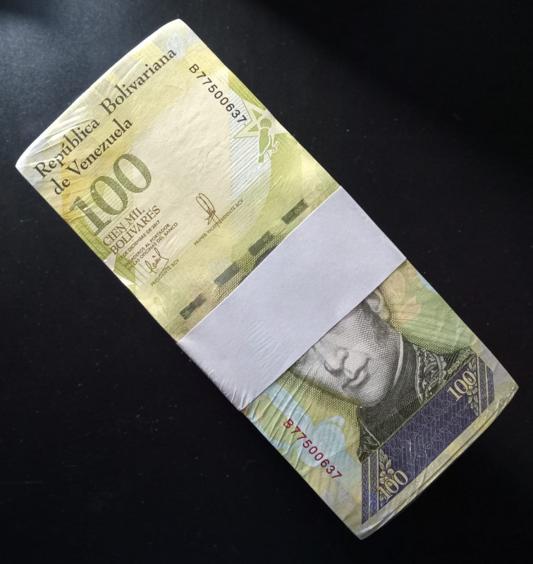 Venezuela 1 BRICK (1000 Notes) 2017 100.000 Bolivares BsF Circulated VF-AU, Mixe...