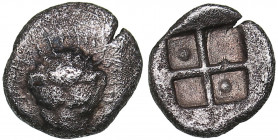 Bosporus Kingdom, Pantikapaion AR hemiobol (Circa 470-460 BC)
0.35 g. 8mm. XF/XF Lion head facing / Quadripartite incuse square, pellet in two segment...