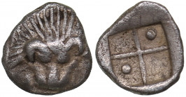 Bosporus Kingdom, Pantikapaion AR hemiobol (Circa 470-460 BC)
0.24 g. 7mm. XF/XF Lion head facing / Quadripartite incuse square, pellet in two segment...