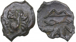 Bosporus Kingdom, Pantikapaion Æ obol (Ca. 275-245 BC)
1.40 g. 17mm. AU/AU Perisad II., 284-245 BC. Wreathed head of satyr left / Bow and arrow; ΠΑΝ b...