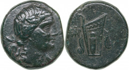 Bosporus Kingdom, Pantikapaion Æ obol (81-65 BC)
16.71 g. 25mm. F/F Dionysos head to the right/ Monogram.