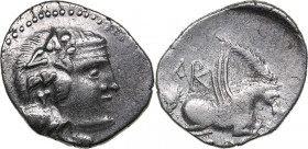 Epirus - Korkyra AR Stater (circa 229-48 BC)
4.56 g. 22mm. XF/VF Roman rule. Wreathed head of Dionysios / Pegasus leaping off prow of galley, monogram...