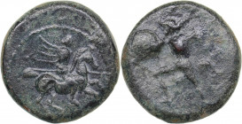 Thessaly - Pelinna Æ (4th century BC)
2.50 g. 15mm. F/F Horseman right / Warrior advancing left, holding shield and two spears.
