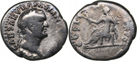 Roman Empire AR Denarius - Vespasian (69-79 AD)
3.06 g. 19mm. VF-/F IMP CAES VESPA AVG PM COS IIII/ COS ITER TR POT, Pax seated left, holding branch i...