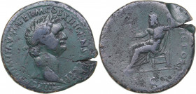 Roman Empire AE Sestertius - Domitian (81-96 AD)
23.16 g. 35mm. F+/F Bust of the Emperor in a laurel wreath. / Jupiter seated left, holding Victory an...