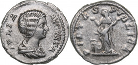 Roman Empire AR Denarius 203 AD - Julia Domna (wife of S. Severus) (196-211 AD)
3.14 g. 19mm. XF+/VF- IVLIA AVGVSTA, Bust right/ PIETAS PVBLICA. SPINK...