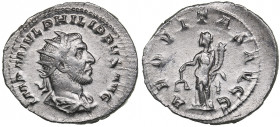 Roman Empire Antoninianus - Philip the Arab (244-249 AD)
3.44 g. 24mm. AU/AU Mint luster. IMP M IVL PHILIPPVS AVG/ AEQVITAS AVGG. RIC 27