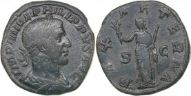 Roman Empire Æ Sestertius 244-245 AD - Philip the Arab (244-249 AD)
20.62 g. 30mm. VF/VF IMP M IVL PHILIPPVS AVG/ PAX AETERNA SC. SPINK 9002. Rome.