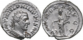 Roman Empire Antoninianus 245-247 AD - Philip the Arab (244-249 AD)
3.44 g. 22mm. AU/AU Mint luster. IMP M IVL PHILIPPVS AVG/ ANNONA AVGG. SPINK 8922....