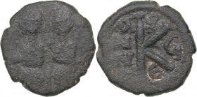 Byzantine AE Half Follis - Justin II and Sophia (565-578 AD)
6.65 g. 24mm. VG/F