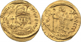 Byzantine - Constantinople AV Solidus - Maurice Tiberius (583-602 AD)
4.47 g. 22mm. AU/UNC Mint luster. Double strike. D N MAVRC TIЬ P P AVC/ VICTORIA...