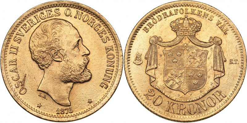 Sweden 20 kronor 1875 - Oskar II (1872-1907)
8.97 g. XF/AU Mint luster. Gold.