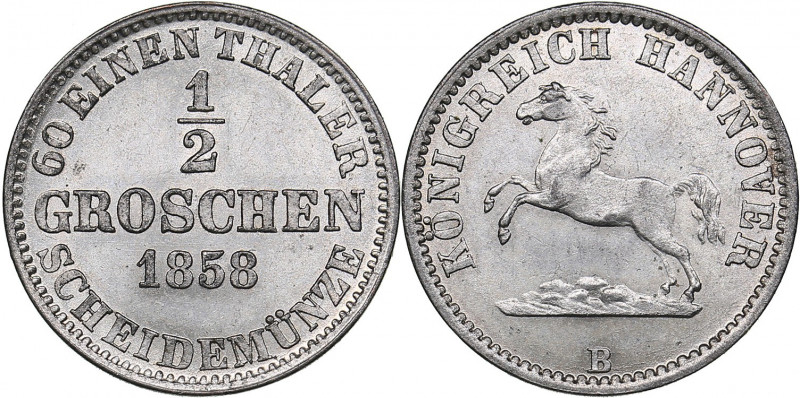 Germany - Hannover 1/2 groschen 1858 B
3.96 g. AU/UNC Mint luster. Scarce condit...