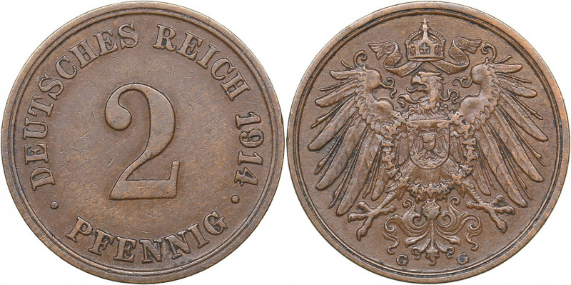 Germany 2 pfennig 1914 G
3.34 g. XF/XF