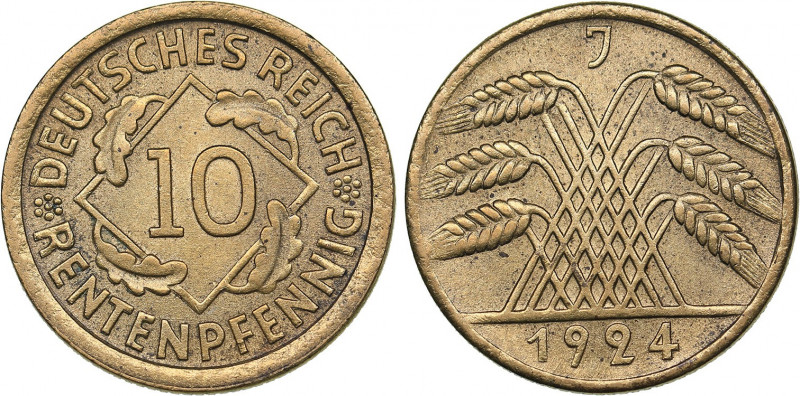 Germany - Weimar Republic 10 rentenpfennig 1924 J
4.09 g. UNC/UNC Mint luster. S...