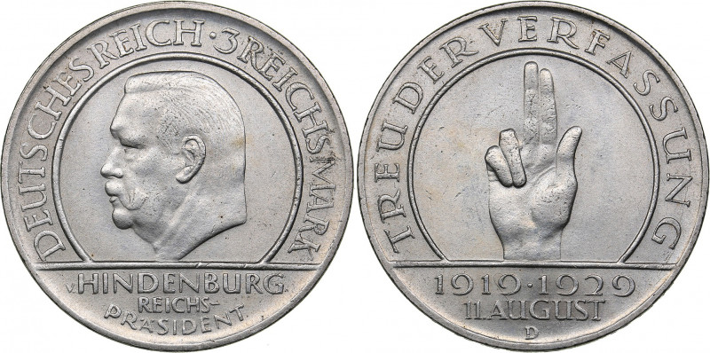 Germany - Weimar Republic 3 reichsmark 1929 D Paul von Hindenburg
14.85 g. UNC/U...