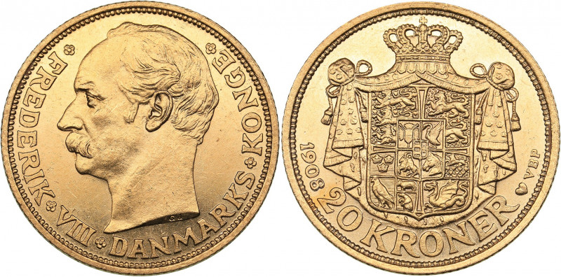 Denmark 20 kroner 1908
8.98 g. AU/UNC Mint luster. Gold.