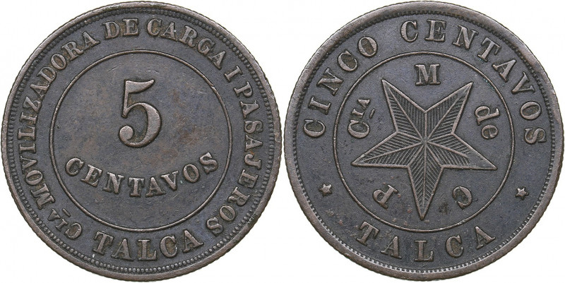 Chile 5 centavos (1884-1933 AD) Transport token, Talca
5.43 g. VF/XF