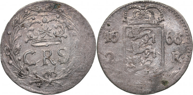 Reval 2 öre 1666 - Karl XI (1660-1697)
1.75 g. XF/AU Traces of mint luster. Halj...