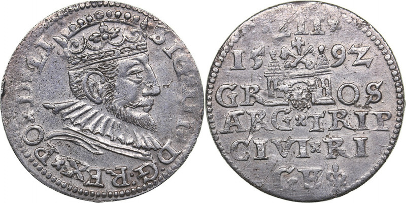 Riga 3 grosz 1592 - Sigismund III (1587-1632)
2.51 g. XF/XF In the Name of the R...