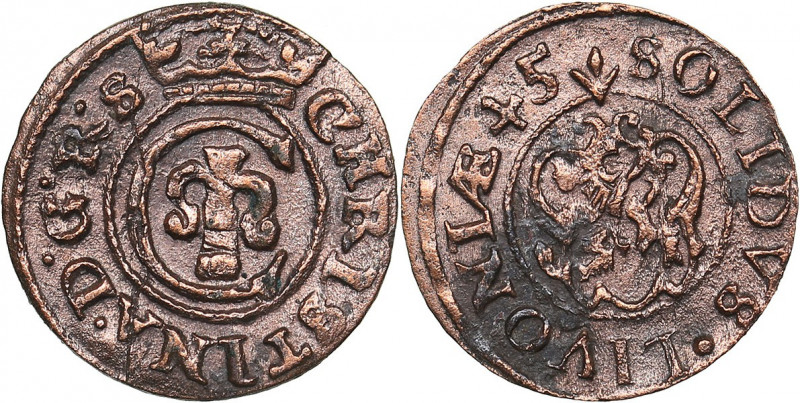 Livonia - Riga - Sweden Solidus 1645 - Kristina (1632-1654)
0.49 g. VF/VF Haljak...