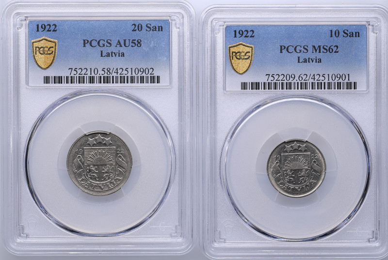 Latvia 20 santimu 1922 - PCGS AU58, 10 santimu 1922 - PCGS MS62 (2)
Mint luster....