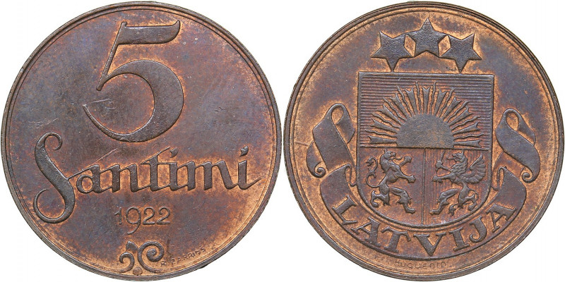 Latvia 5 santimi 1922
2.95 g. UNC/UNC Mint luster. Rare condition. KM# 3