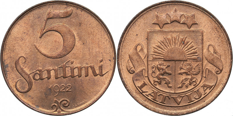 Latvia 5 santimi 1922
2.98 g. UNC/UNC Mint luster. Rare condition. KM# 3