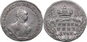 Russia Grivennik 1747
2.36 g. VF/XF Bitkin# 206. Elizabeth (1741-1762)